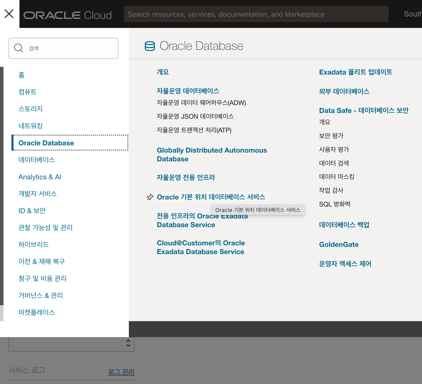 (Oracle 기본 위치 데이터베이스 서비스 를 클릭한다)