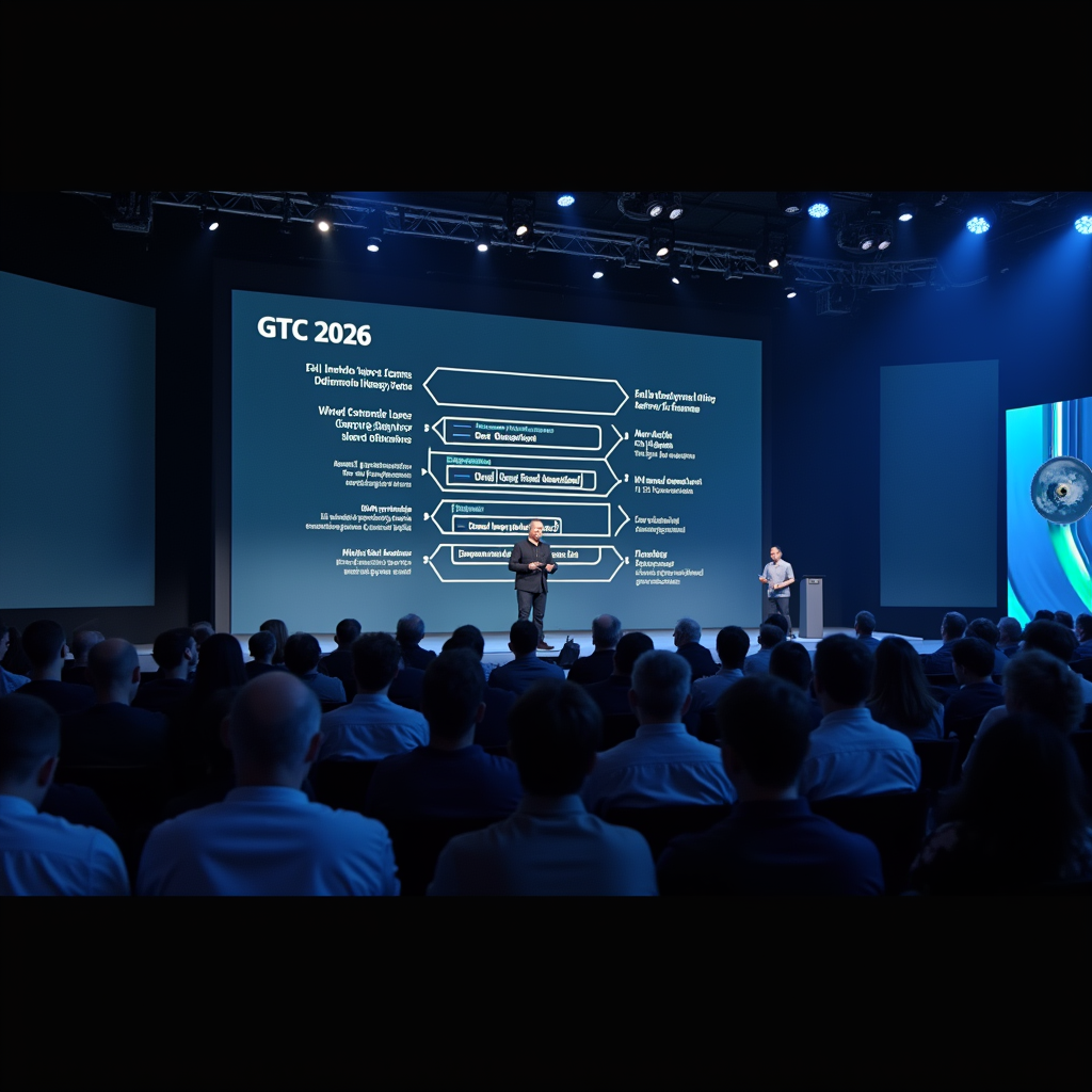 GTC 2026 키노트 무대에서 AI 인프라 비전을 발표하는 Jensen Huang CEO