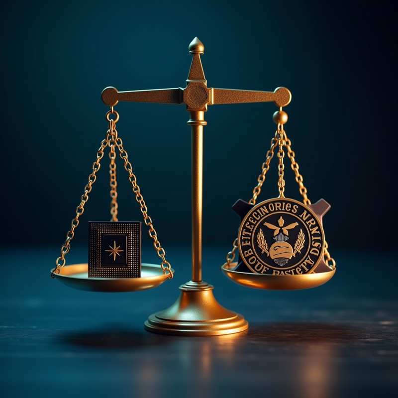 AI 윤리와 군사 활용 사이의 법적 균형을 표현한 저울 이미지