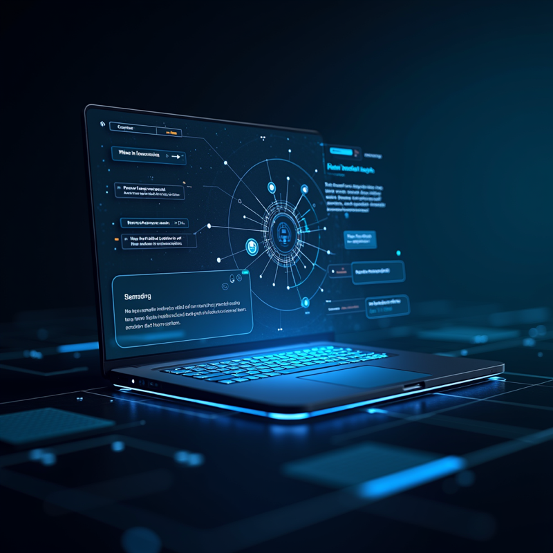 GPT-5.4의 고급 추론과 컴퓨터 제어 기능을 보여주는 홀로그램 디스플레이