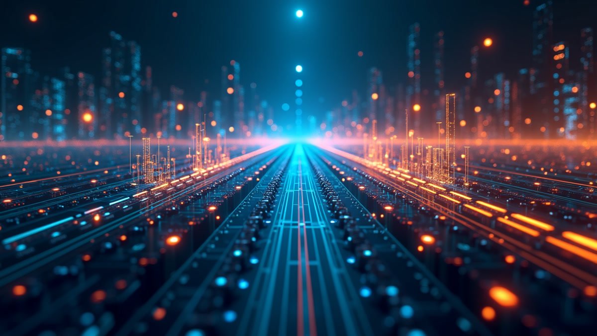 Amazon과 Anthropic의 2026년 4월 투자 및 컴퓨트 계약 구조를 상징하는 추상적 인프라 시각화