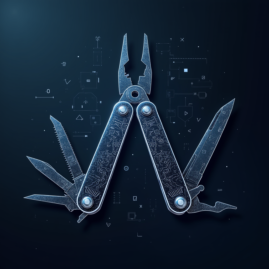 코딩, 컴퓨터 사용, 지식 노동을 통합한 GPT-5.4의 올인원 기능을 표현한 일러스트