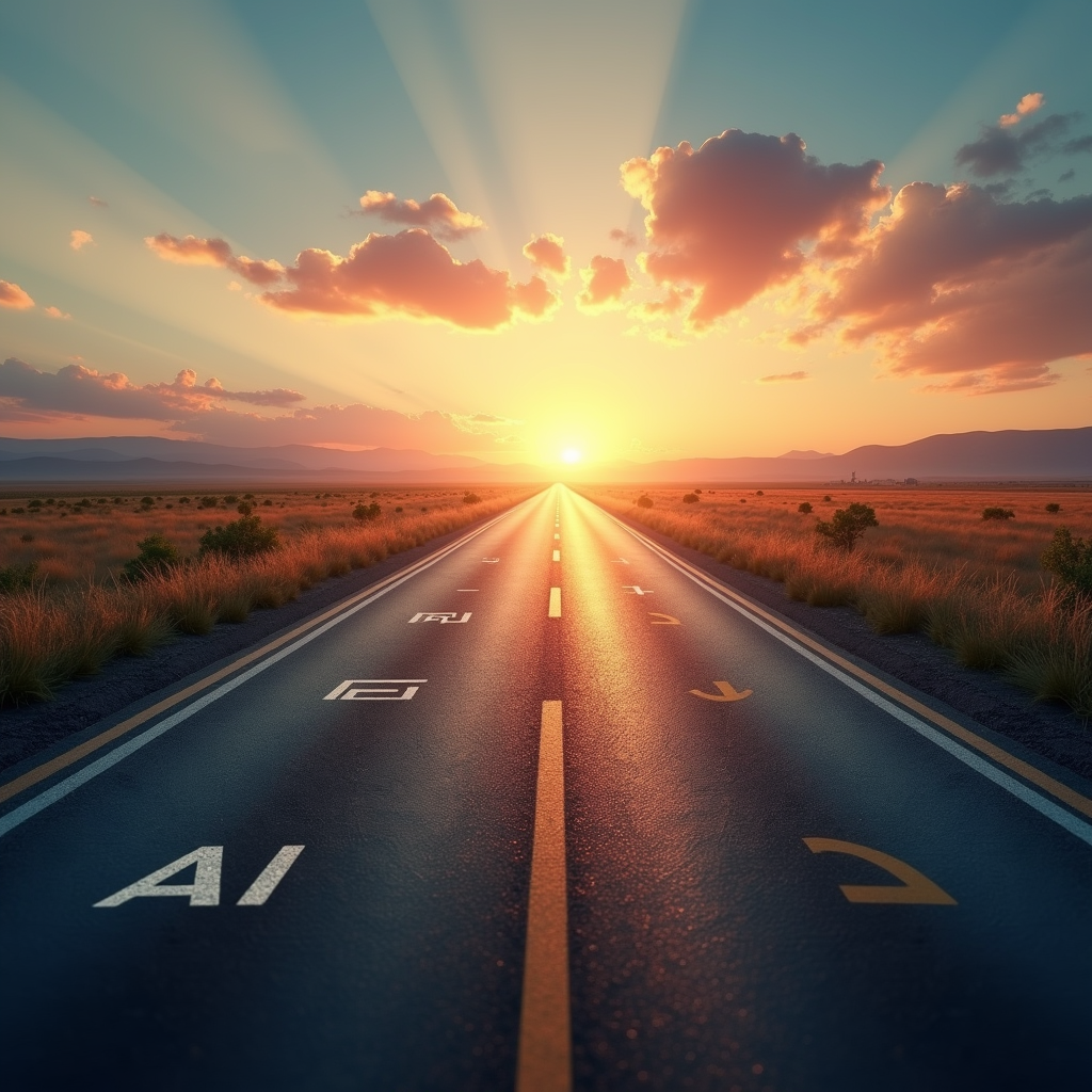 2026년 AI 역사의 변곡점을 타임라인으로 표현한 미래지향적 일러스트