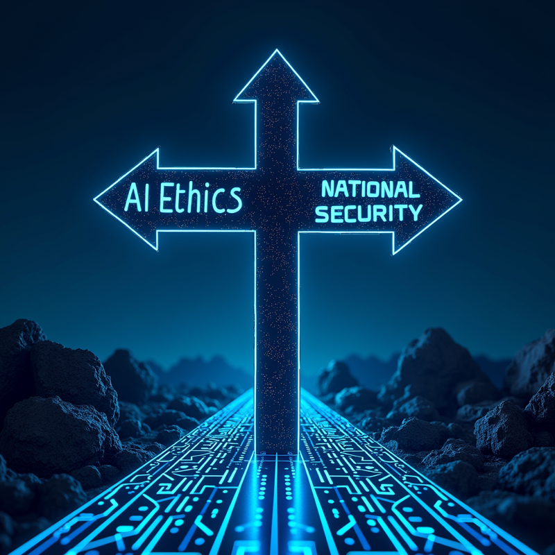 AI 윤리와 국가안보의 교차로를 표현한 개념 일러스트