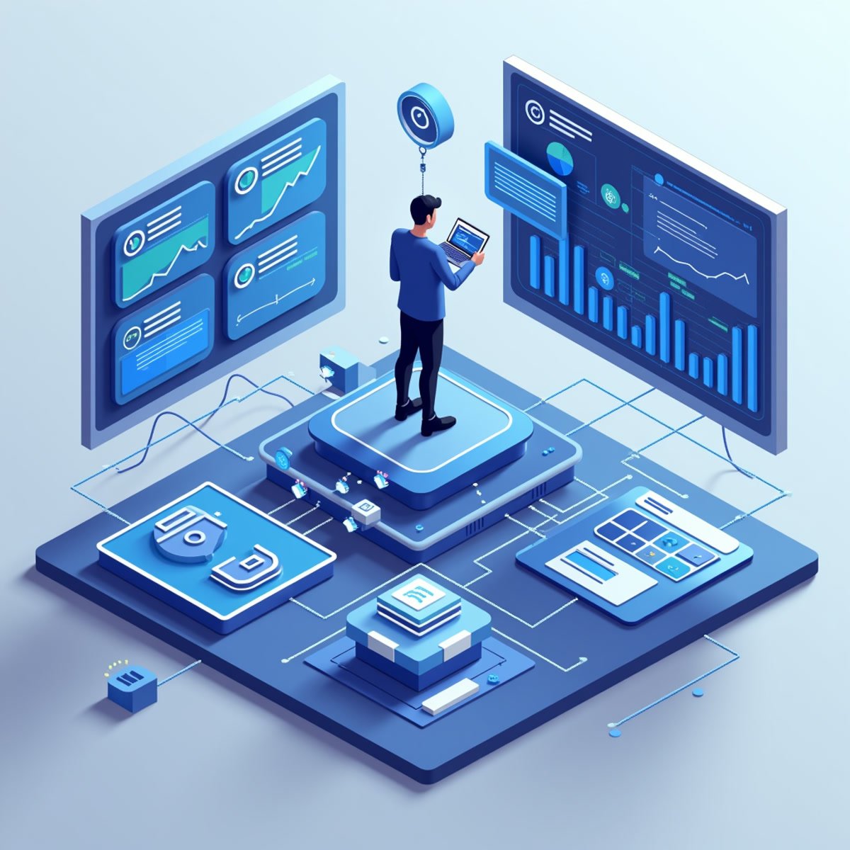 A four-panel dashboard view showing real-world automation scenarios: price compa