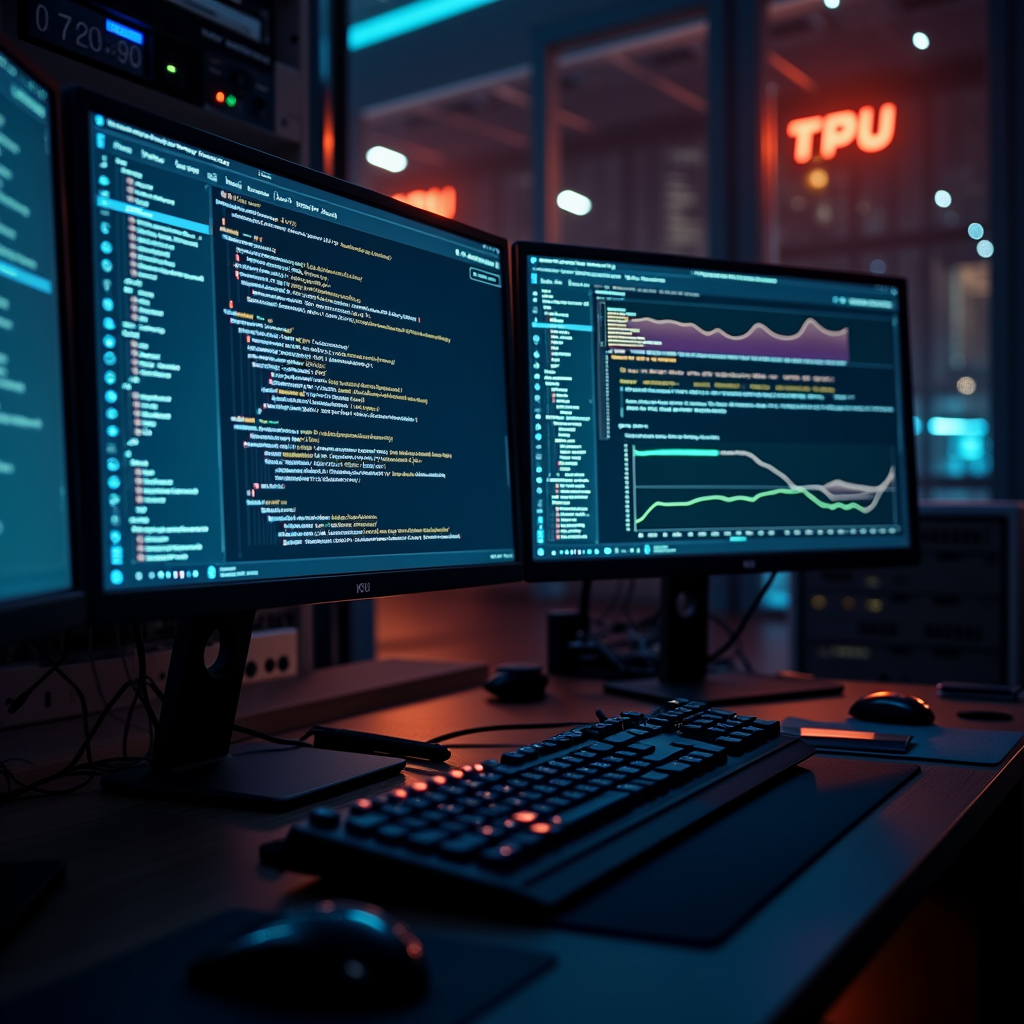 Claude API를 호출하는 개발자 터미널과 배경의 TPU 데이터센터 실루엣