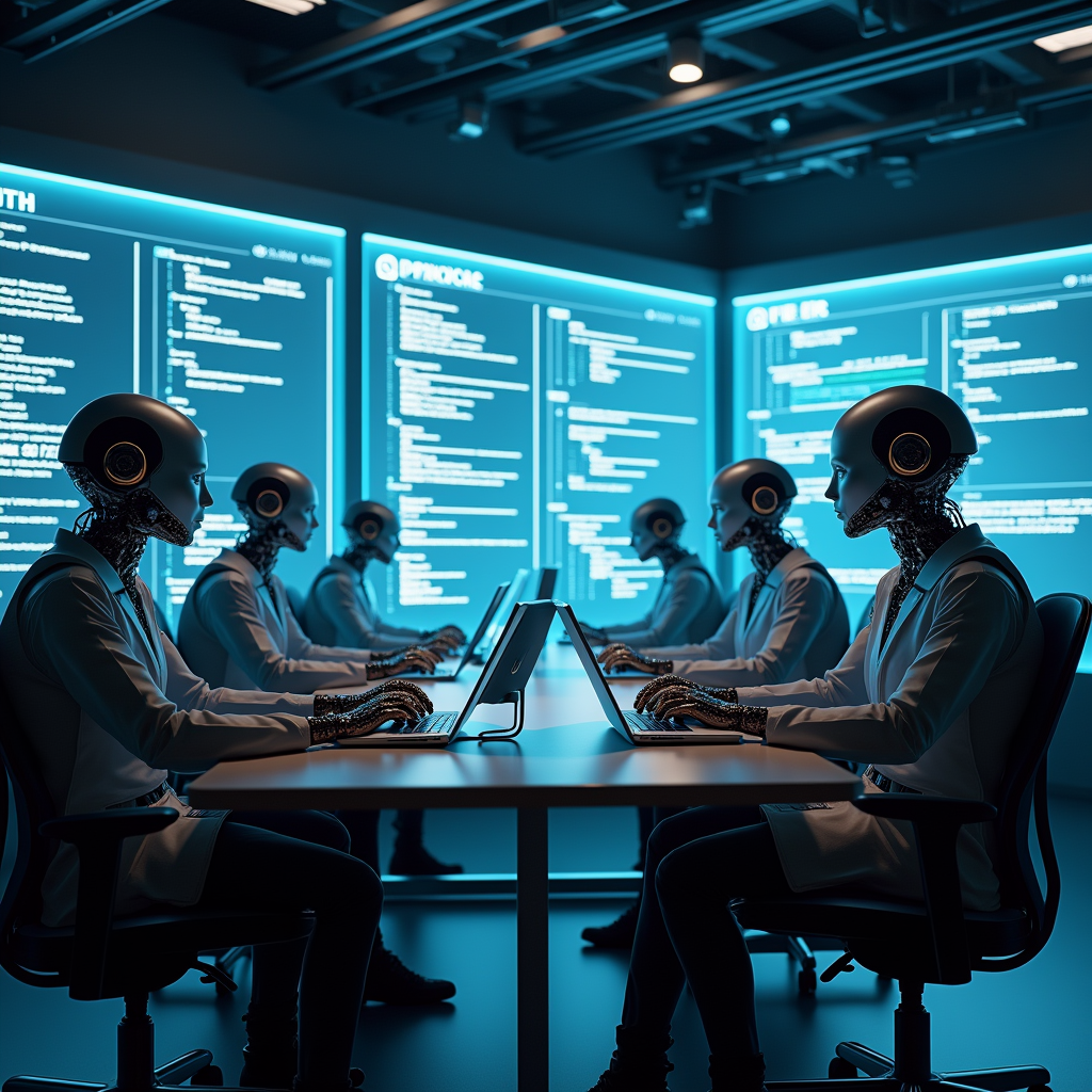 멀티에이전트 AI 시스템이 협업하는 미래형 커맨드 센터 일러스트