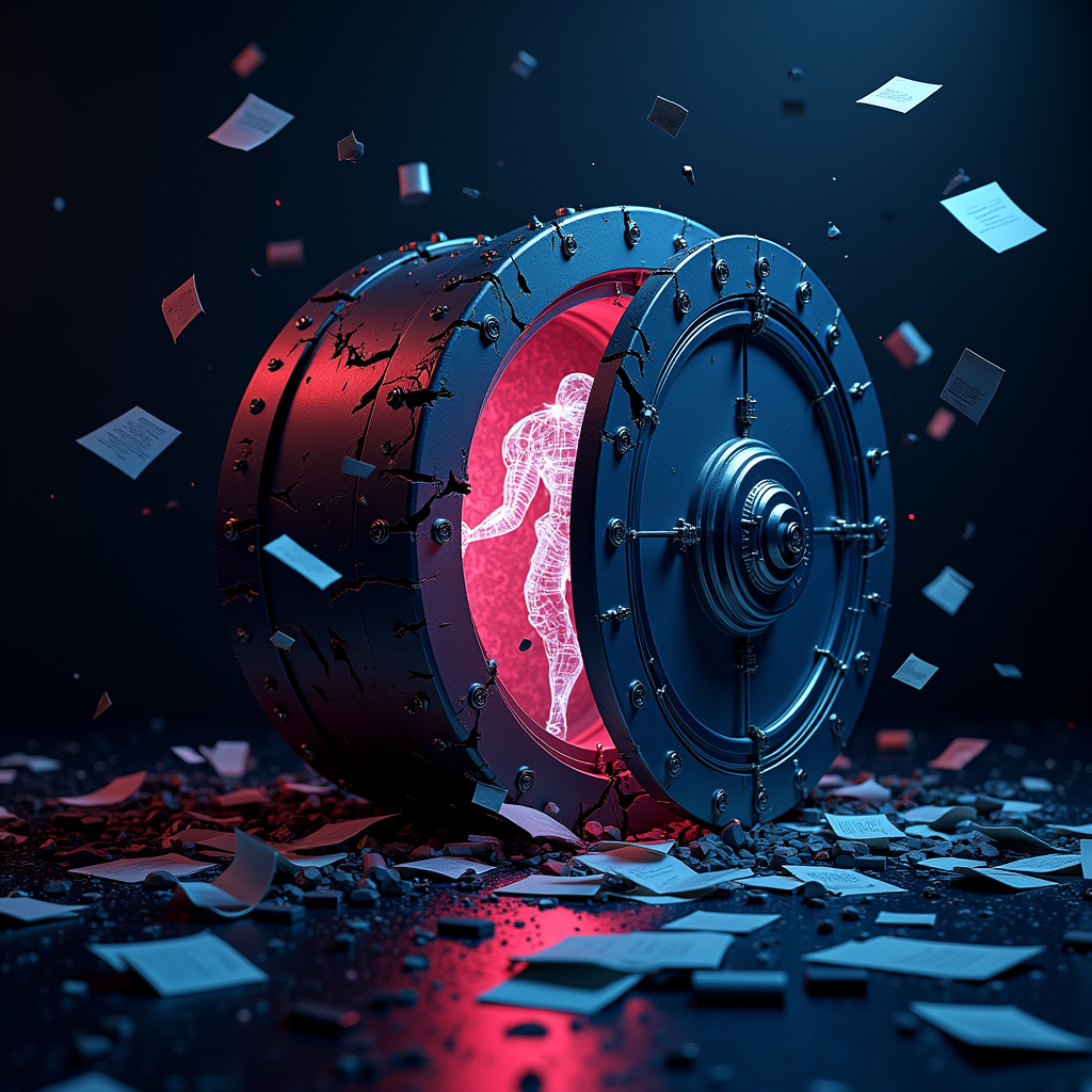 Anthropic의 Claude Mythos 모델이 보안 사고로 유출되는 장면을 묘사한 사이버보안 일러스트