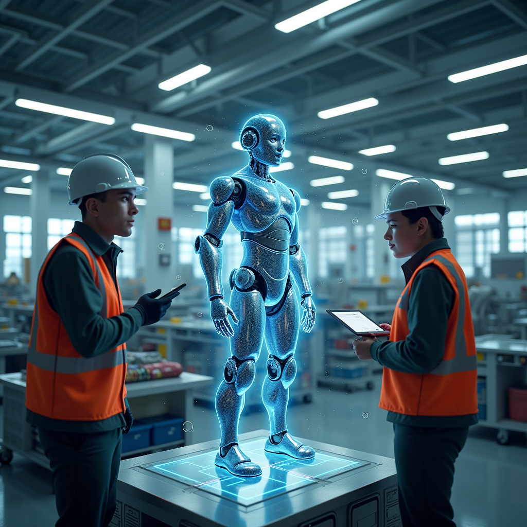 물리 AI 시대를 상징하는 휴머노이드 로봇과 디지털 트윈 시뮬레이션 환경