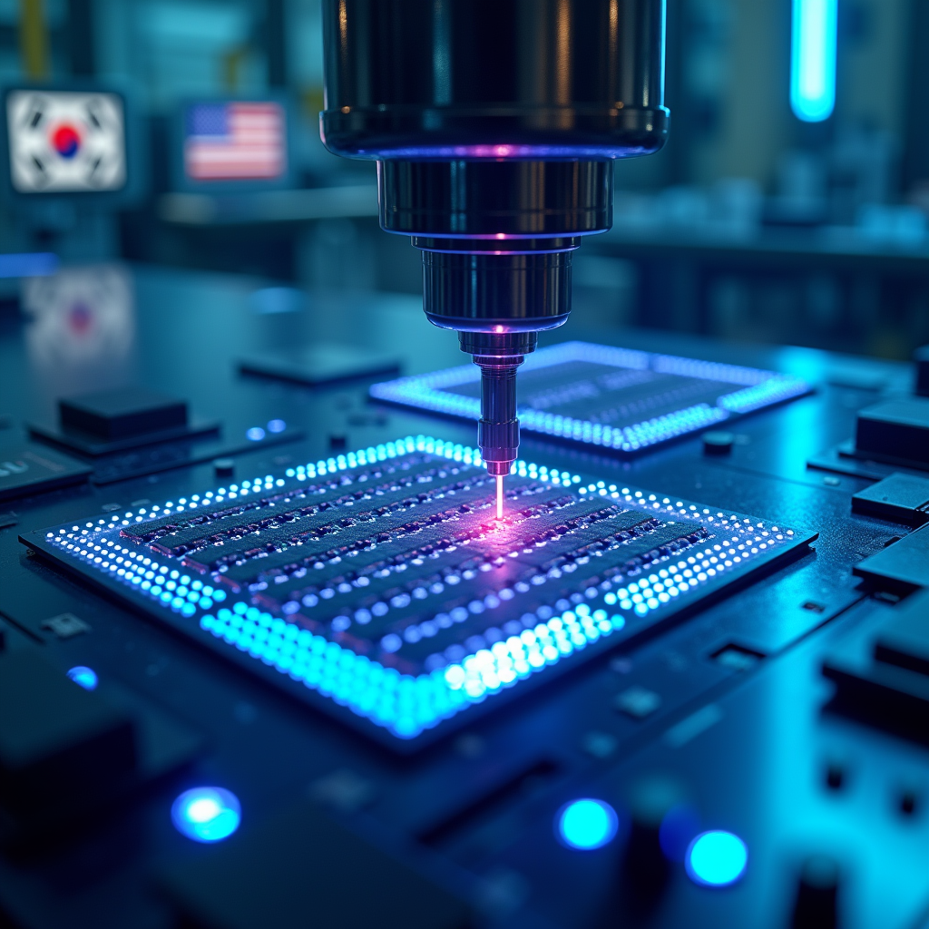 삼성전자와 SK하이닉스의 HBM4 반도체 메모리 칩 제조 공정 일러스트