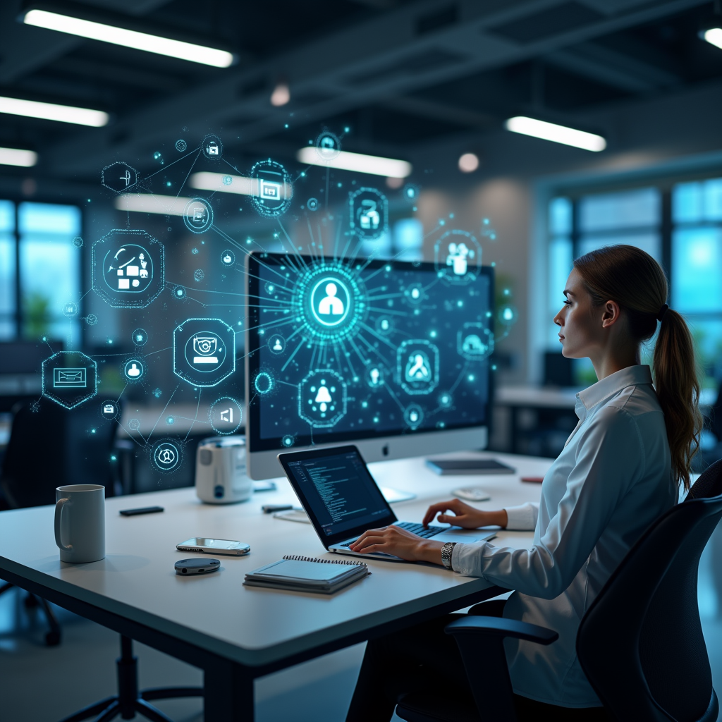 기업에서 여러 AI 에이전트가 협업하여 업무를 자동화하는 에이전틱 AI 상용화를 표현한 일러스트