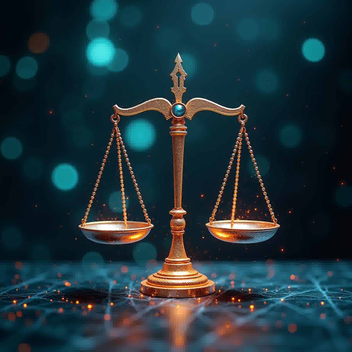 AI 의료 윤리와 균형을 상징하는 추상적 개념 이미지