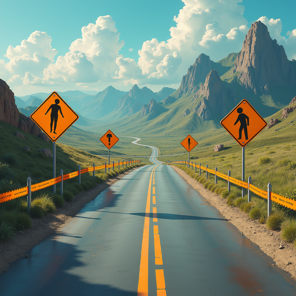 에이전틱 AI 도입 과정에서 주의해야 할 실패 패턴들을 경고 표지판과 우회로로 표현한 일러스트