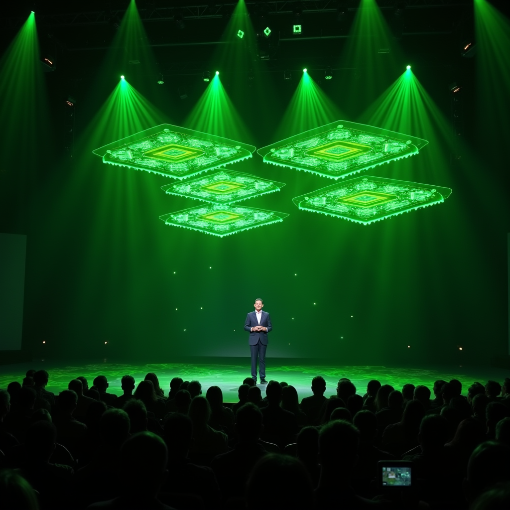 NVIDIA GTC 2026 키노트 무대에서 발표하는 젠슨 황 CEO 일러스트