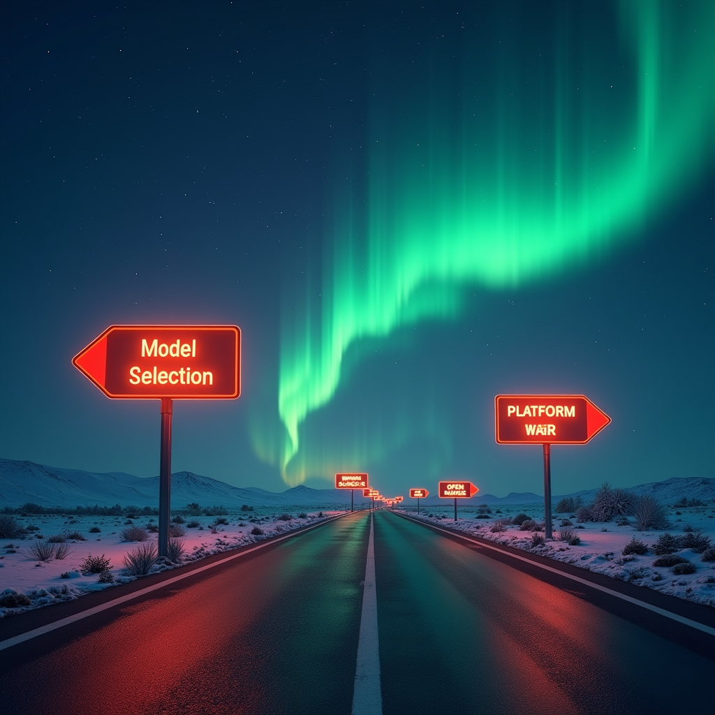 AI 모델 선택, 오픈소스 리스크, 플랫폼 전쟁이라는 세 갈래 이정표가 있는 미래형 고속도로 일러스트