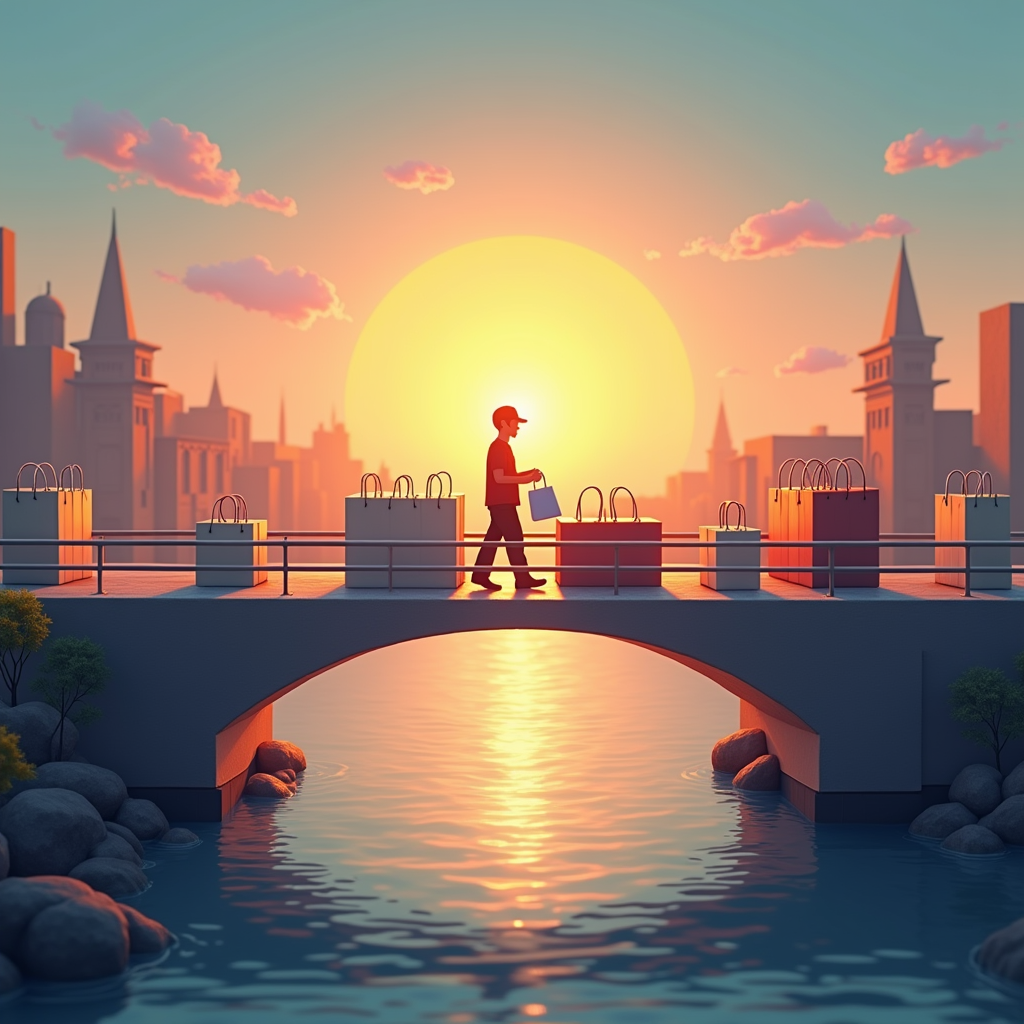 기존 검색 시대에서 AI 에이전트 시대로의 전환을 상징하는 다리를 건너는 상품과 소비자 일러스트