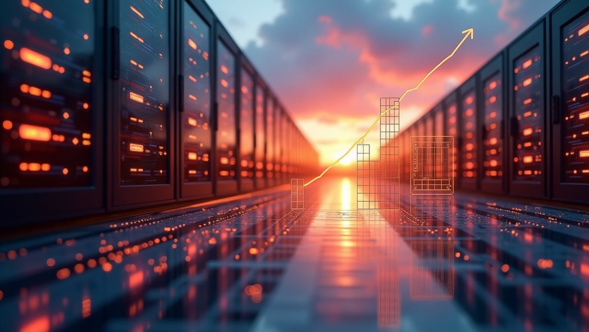 AI 수요 폭증과 Anthropic 런레이트 매출 상승을 상징하는 데이터센터와 성장 그래프 시각화