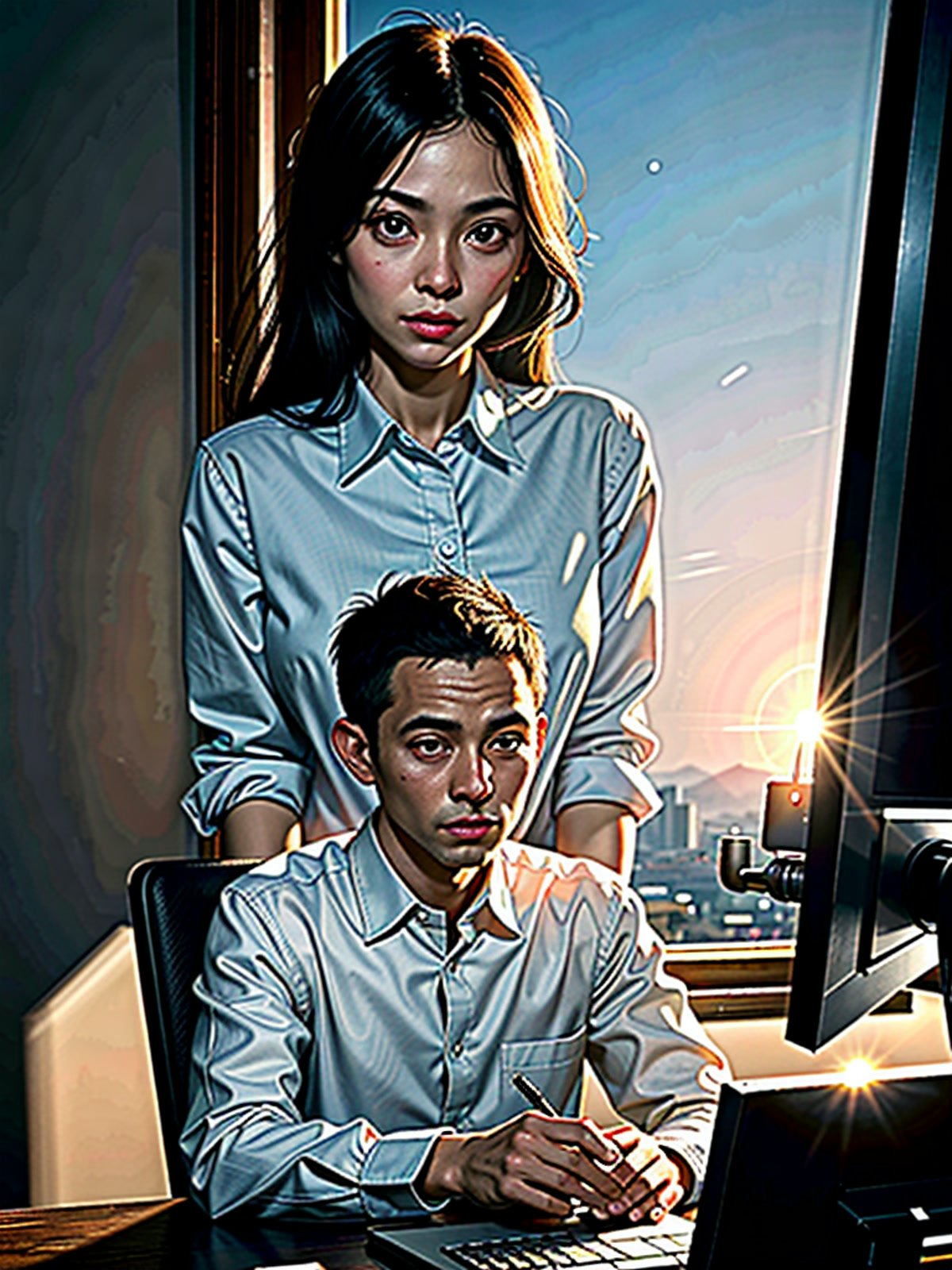 A warm illustration of a developer sitting at a desk with coffee, while a friend