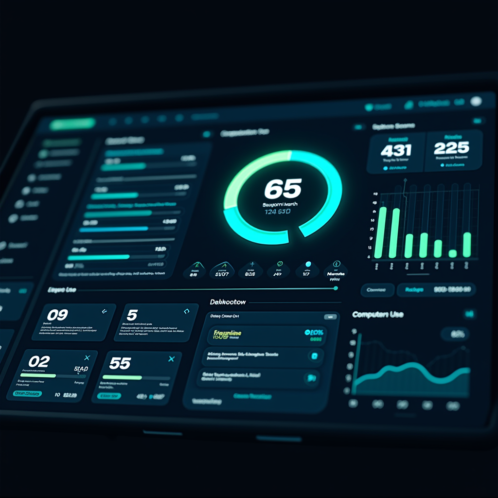 GPT-5.4 핵심 스펙과 벤치마크 점수를 보여주는 미래형 AI 대시보드 일러스트