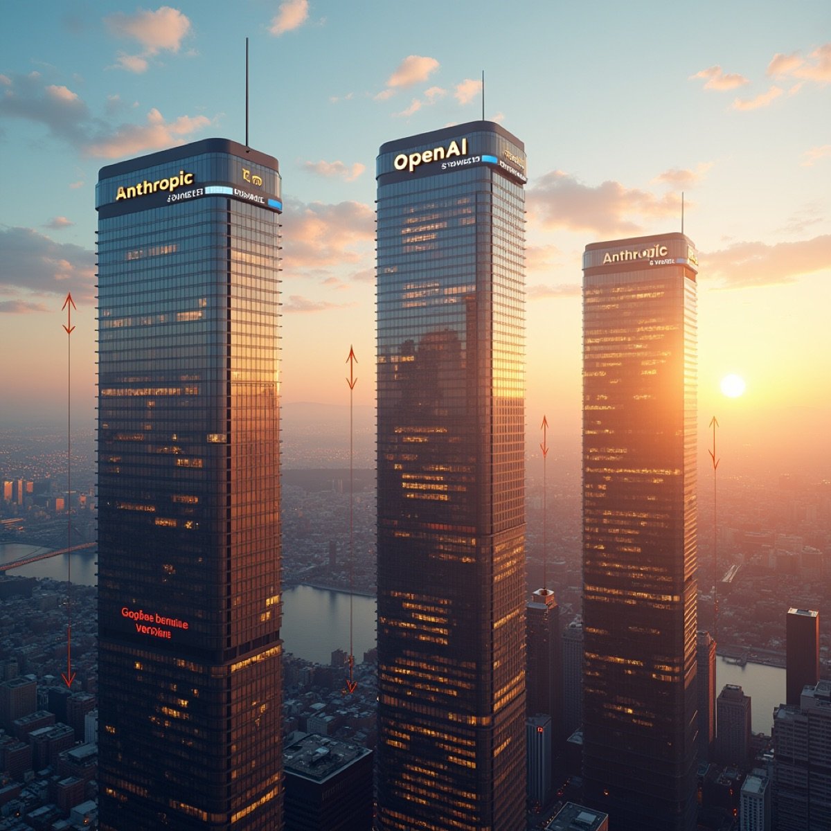 Anthropic, OpenAI, Google 세 AI 기업의 매출 경쟁과 투자 현황을 보여주는 비즈니스 일러스트