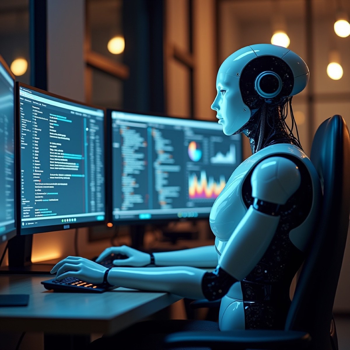 컴퓨터를 인간보다 능숙하게 사용하는 GPT-5.4 AI 에이전트를 묘사한 일러스트