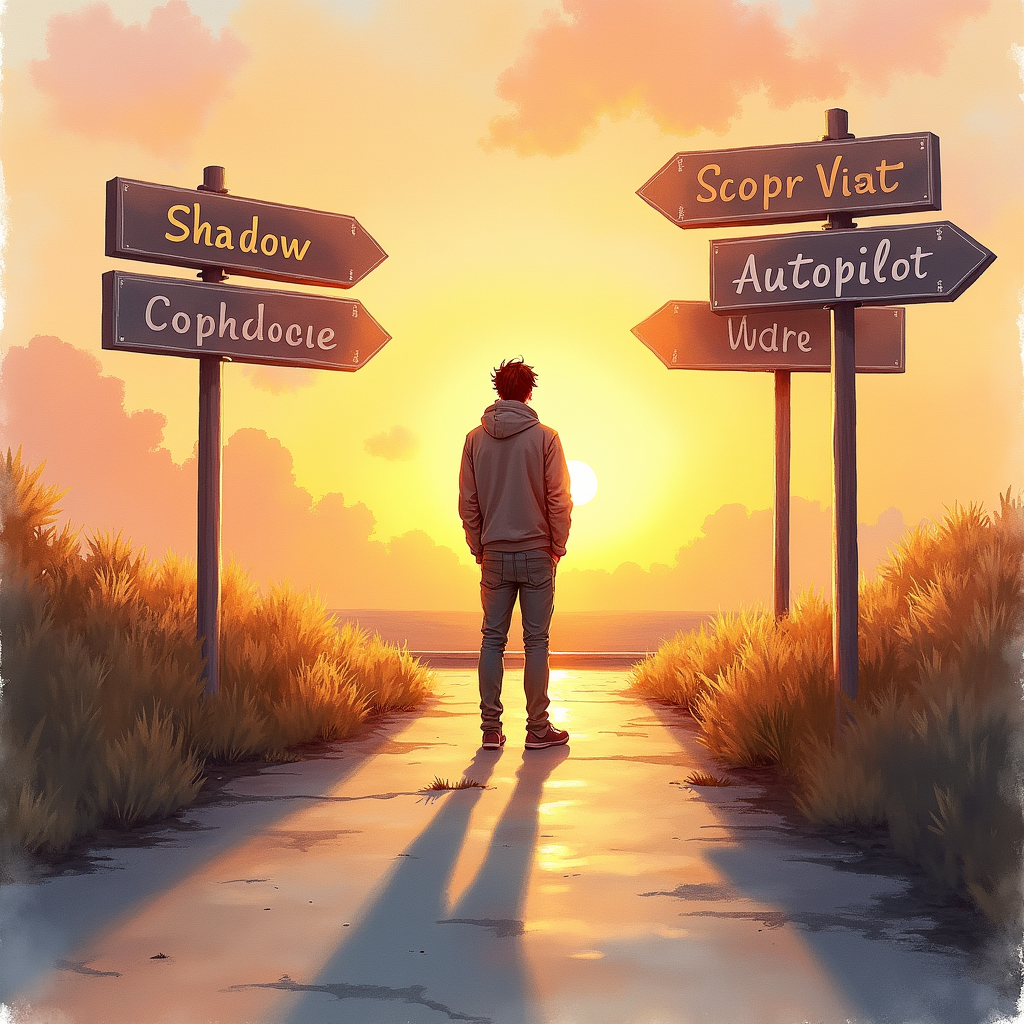 에이전틱 AI 도입을 위한 세 갈래 길 앞에 선 실무자를 표현한 일러스트