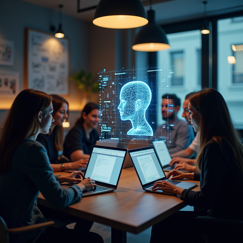 AI 모델 전환 전략을 논의하는 개발팀의 모습을 그린 일러스트