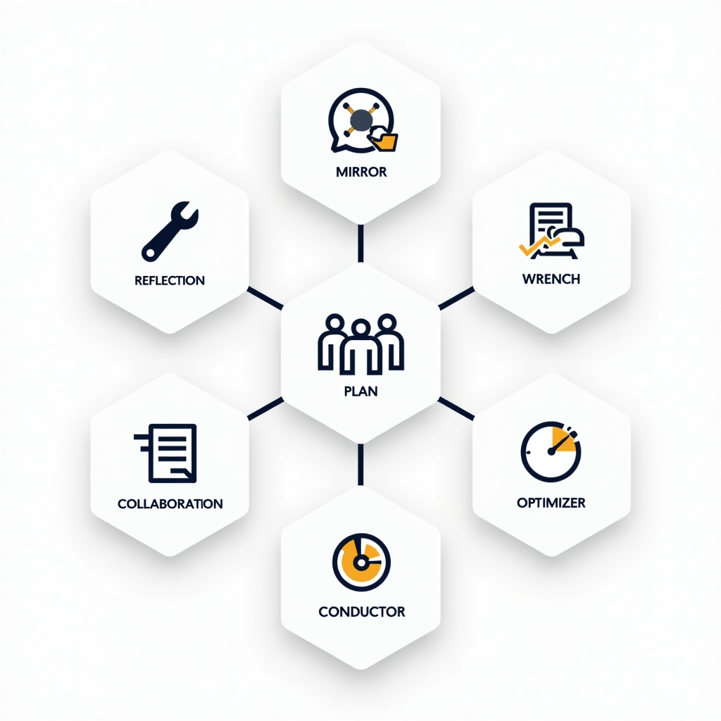 에이전틱 AI 6가지 디자인 패턴을 보여주는 인포그래픽 다이어그램