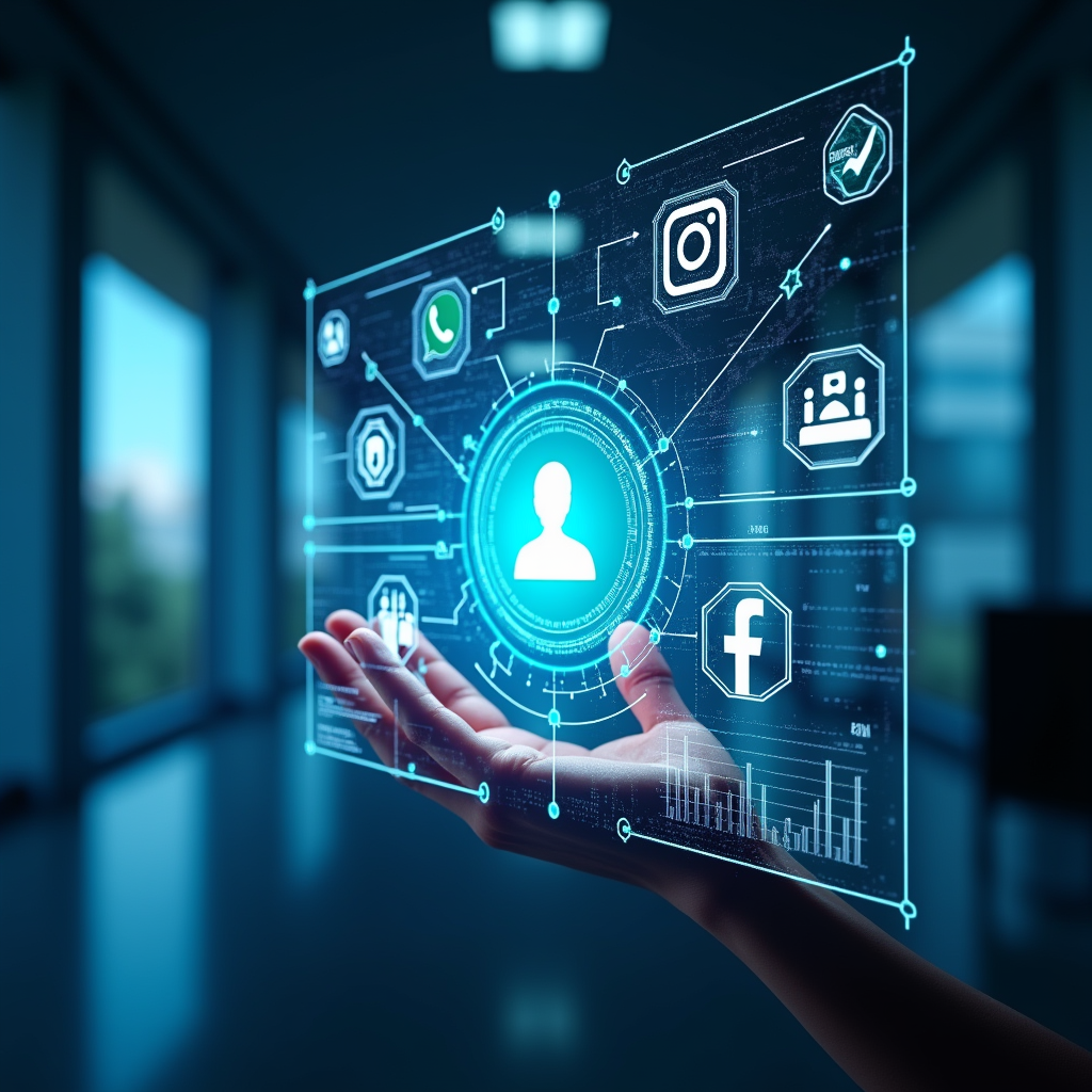 Meta의 소셜 플랫폼과 AI 모델이 결합한 수익 구조를 보여주는 비즈니스 모델 개념도