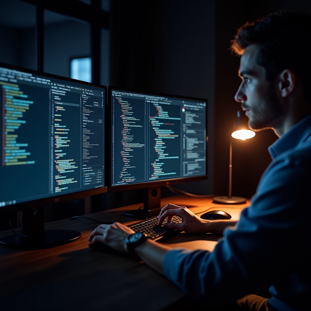 야간에 모니터 세 대 앞에서 코드를 작성하는 개발자 워크스페이스 사진