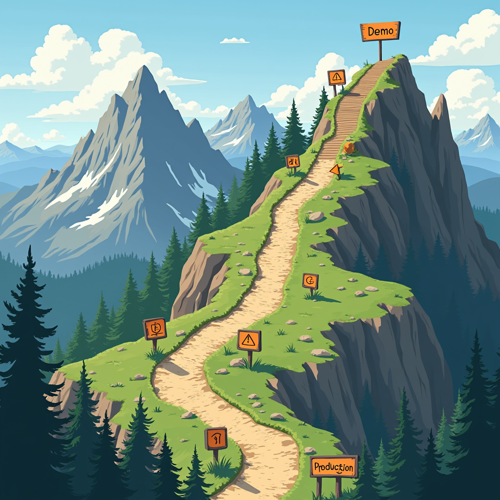 에이전틱 AI의 데모에서 프로덕션까지의 험난한 여정을 보여주는 일러스트