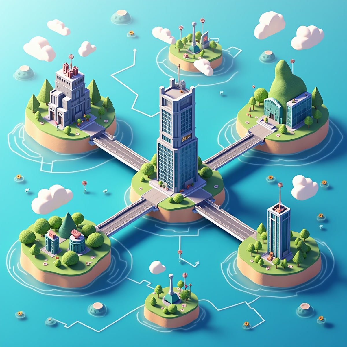 An isometric map illustration showing different AI agent framework logos (LangGr