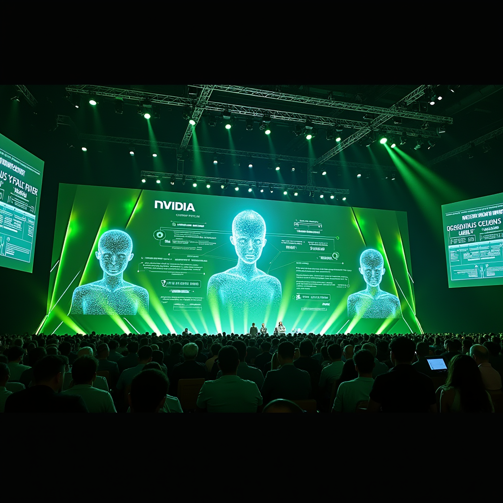 NVIDIA GTC 2026 컨퍼런스에서 에이전틱 AI 인프라를 발표하는 무대 일러스트