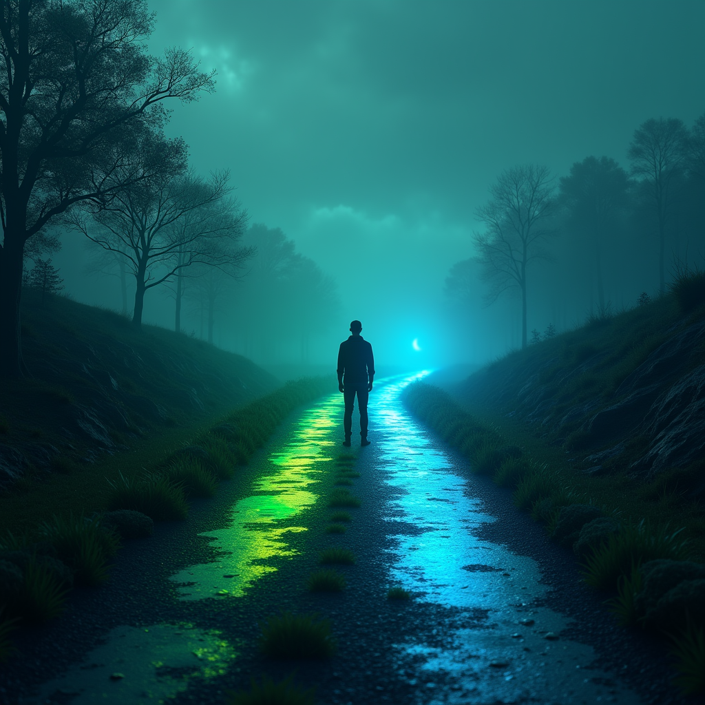 오픈소스와 독점 모델 사이에서 갈림길에 선 개발자를 표현한 디지털 풍경 일러스트