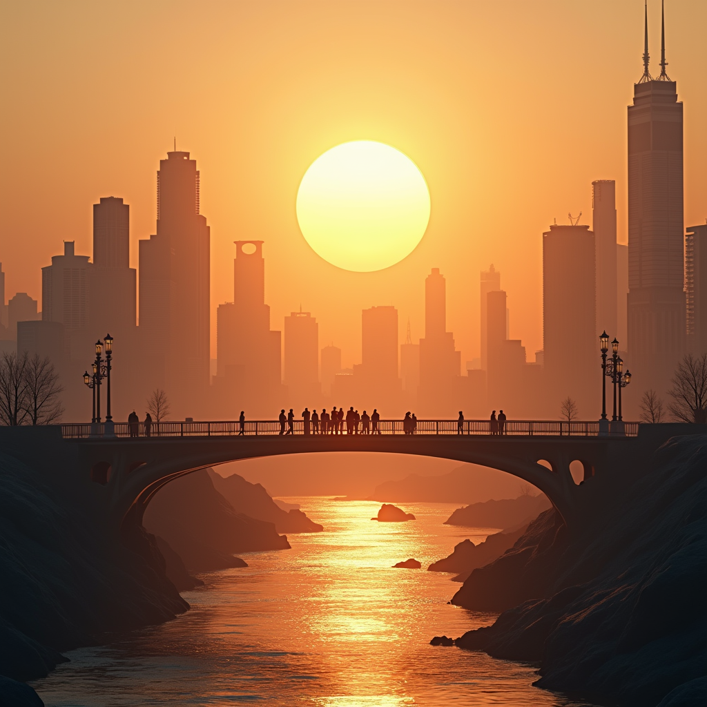 AI 에이전트와 인간이 함께 미래로 나아가는 희망적인 디지털 도시 풍경 일러스트