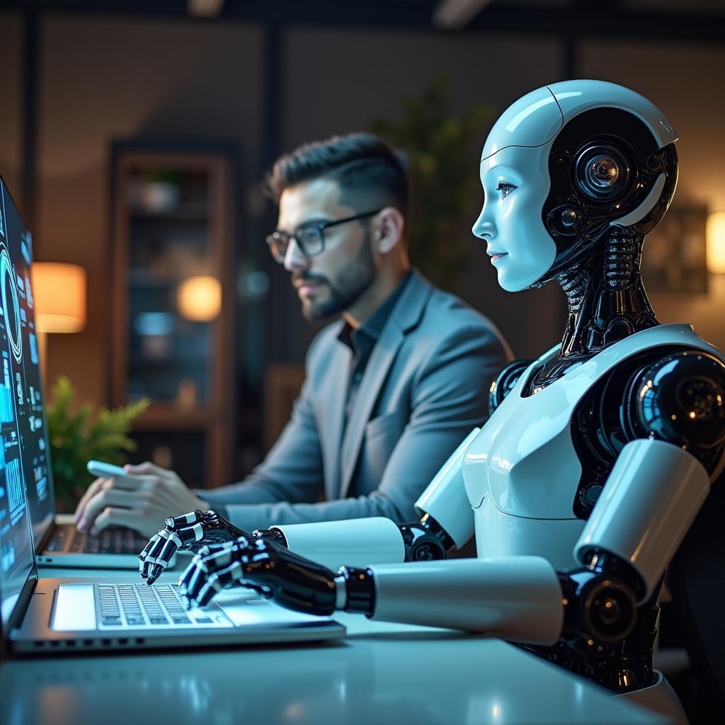 AI 에이전트와 협업하는 실무자의 새로운 업무 방식을 표현한 일러스트