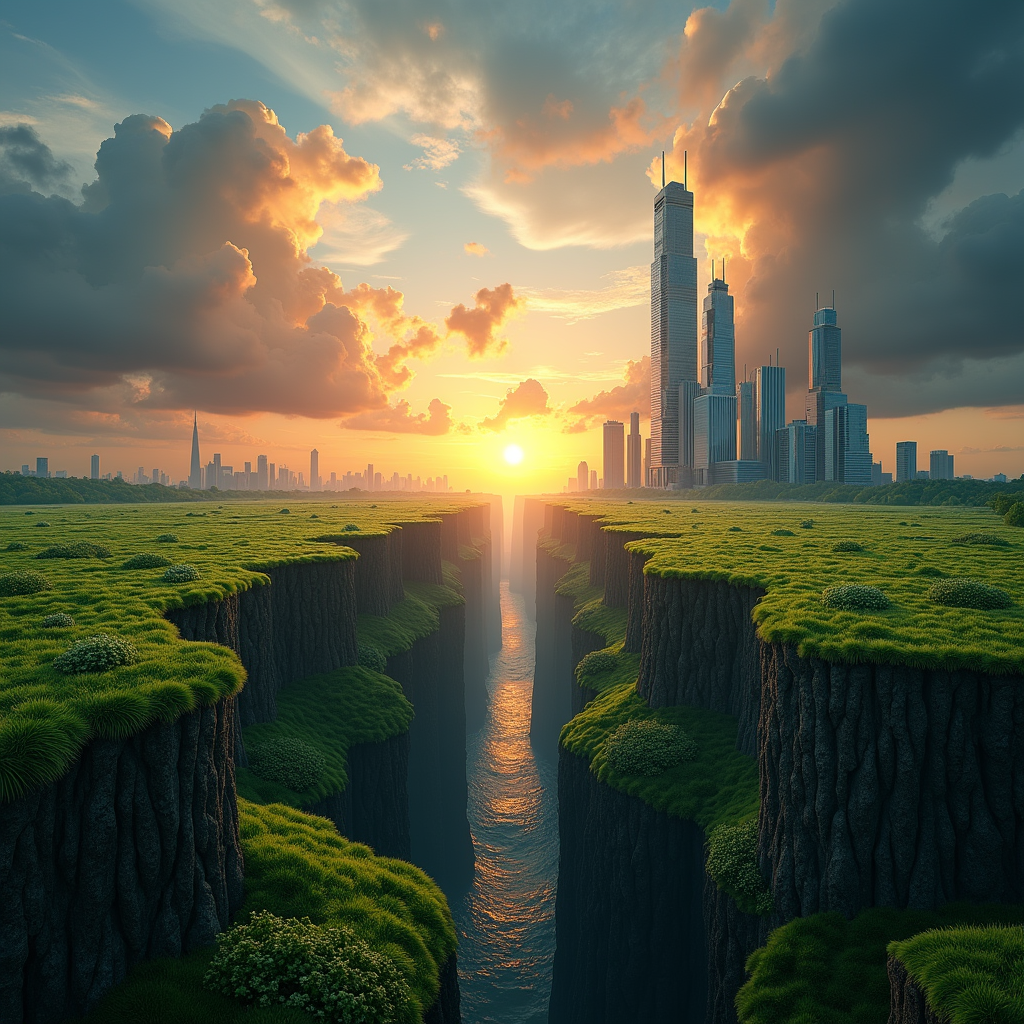 오픈소스와 폐쇄형 AI 생태계의 변화를 지각 변동으로 표현한 파노라마 일러스트