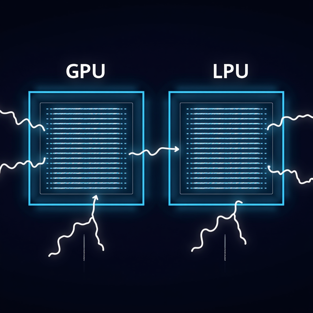 GPU와 Groq LPU 추론 전용 칩 아키텍처를 비교한 기술 다이어그램 일러스트