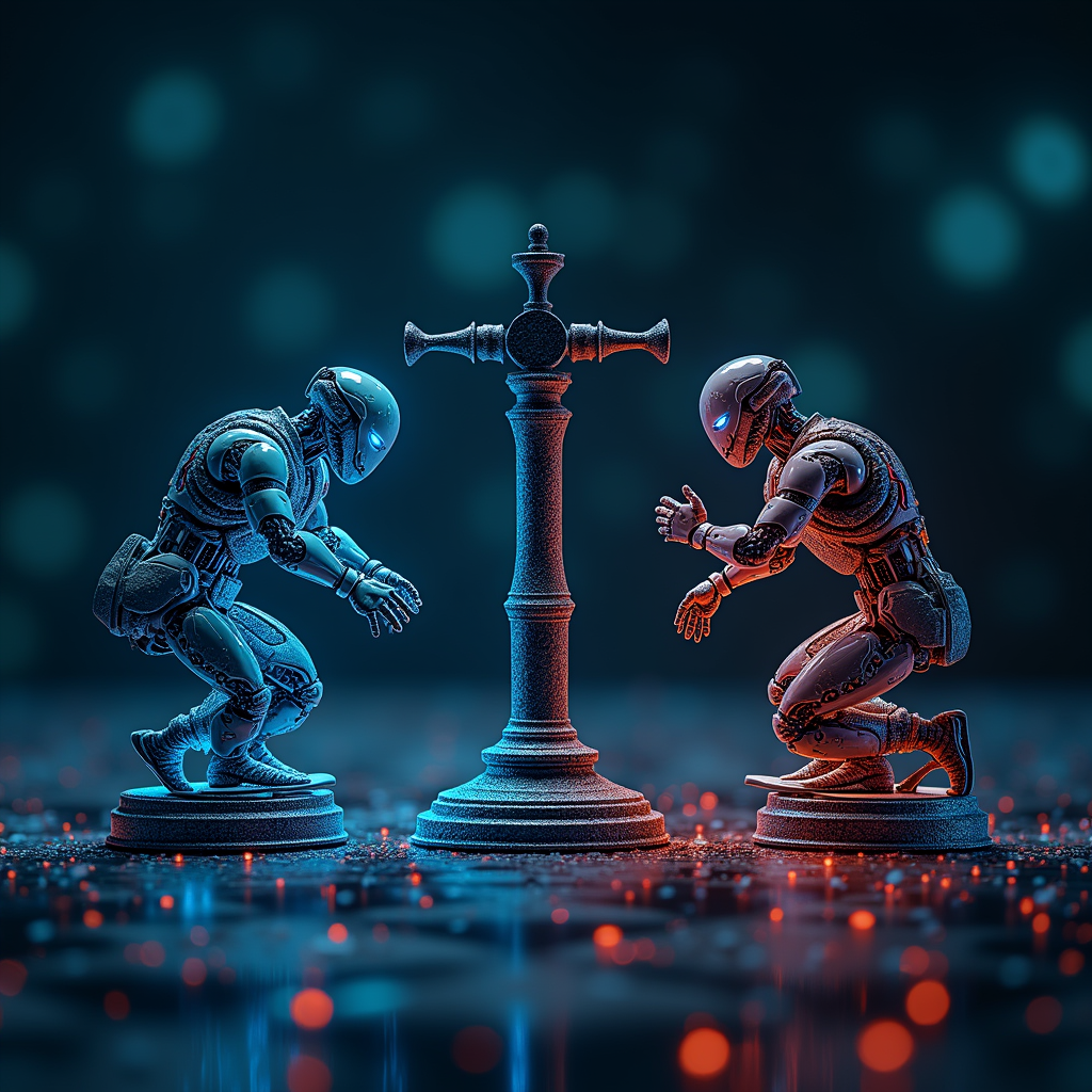 AI가 공격과 방어 양쪽에 미치는 영향을 저울로 표현한 사이버보안 양날의 검 시각화