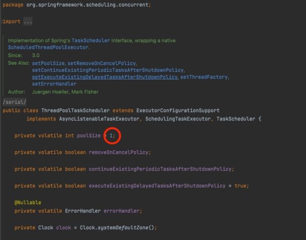 스프링부트에서 기본으로 사용하는 쓰레드풀테스크스케쥴러의 풀사이즈 기본설정이 1로 되어있었다.