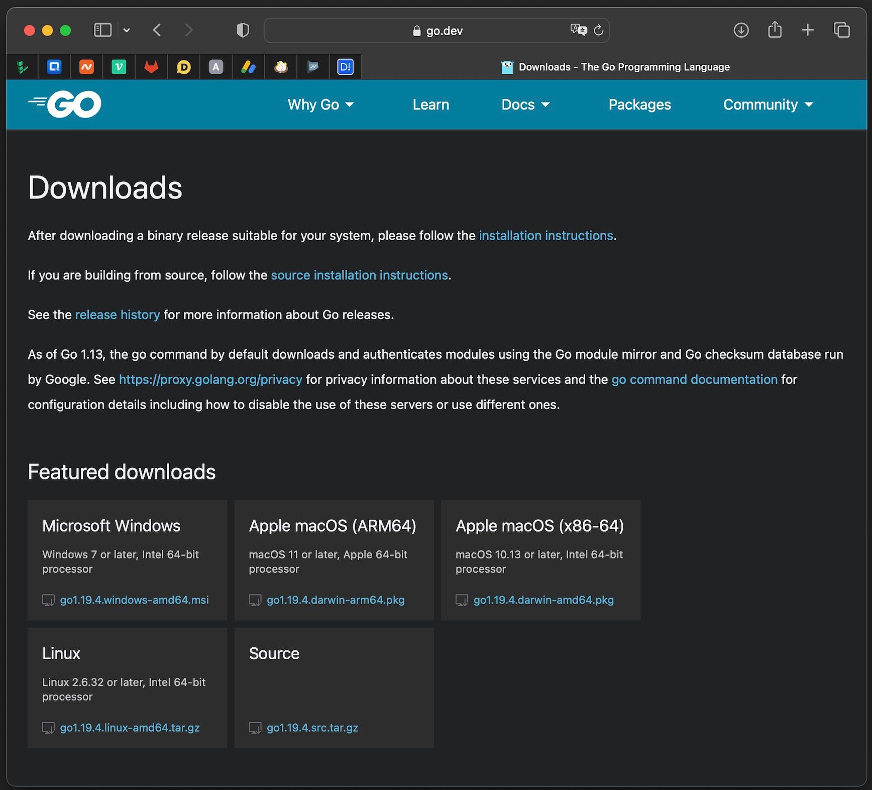 본인 환경에 맞는 Go 설치파일 선택